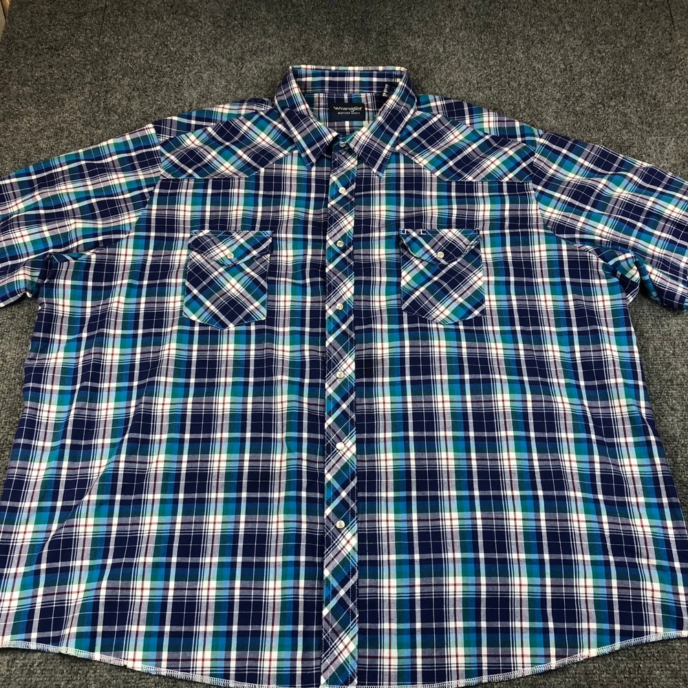 Wrangler Western Shirt Mens 4X Blue Green Plaid Pearl Snap Short Sleeve Big Tall - Picture 2 of 14